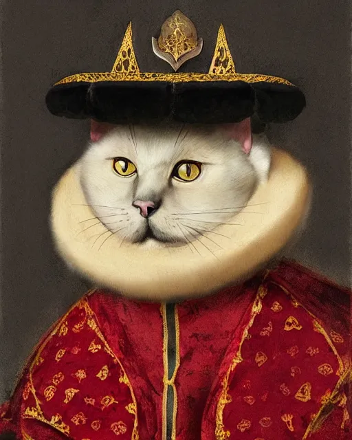 Image similar to fat dark gray cat with yellow eyes dressed like henry viii, tudor period robes in scarlet gold black, tudor bonnet, luxurious, opulent, regal, royal portrait, hans holbein the younger, greg rutkowski