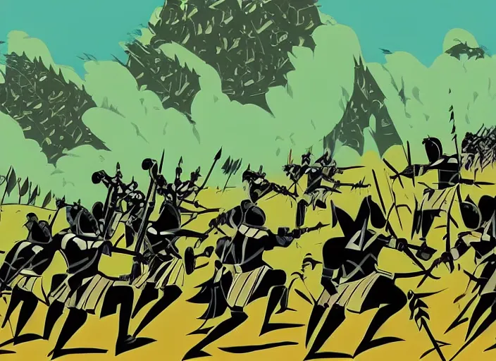 Prompt: trojan warriors in battle versus the us army in the style of artist eyvind earle