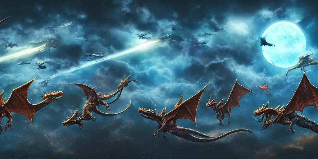 Prompt: landscape image with various alien dragons flying through the sky, extremely detailed digital matte painting, clear skies, night, vibrant, stunning lighting