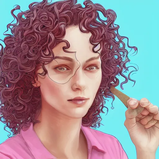 Image similar to portrait of a woman with curly hair in a pink shirt and highrise jeans making sourdough in sunlit kitchen, hyper detailed, digital art, trending in artstation