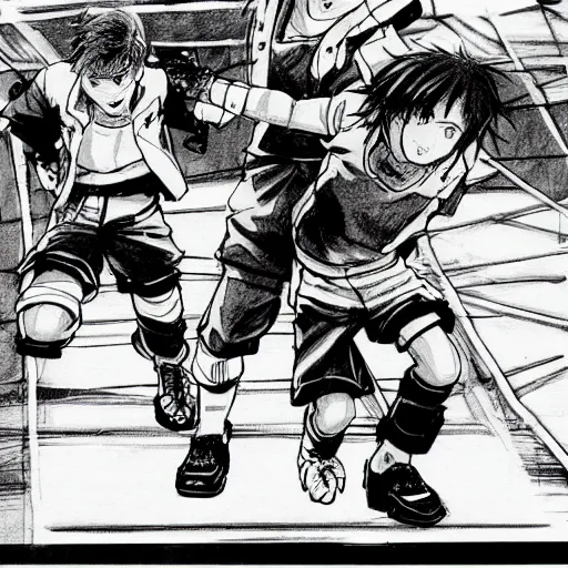 Prompt: a manga sketch of two boys playing cyberpunk soccer, black and white, pencil sketch, in the style of yoji shinkawa and takehiko inoue