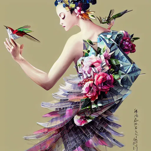 Image similar to 3 / 4 view of a beautiful girl wearing an origami dress, eye - level medium shot, fine floral ornaments in cloth and hair, hummingbirds, elegant, by eiko ishioka, givenchy, andrew atroshenko, by peter mohrbacher, centered, fresh colors, origami, fashion, detailed illustration, vogue, japanese, reallusion character creator