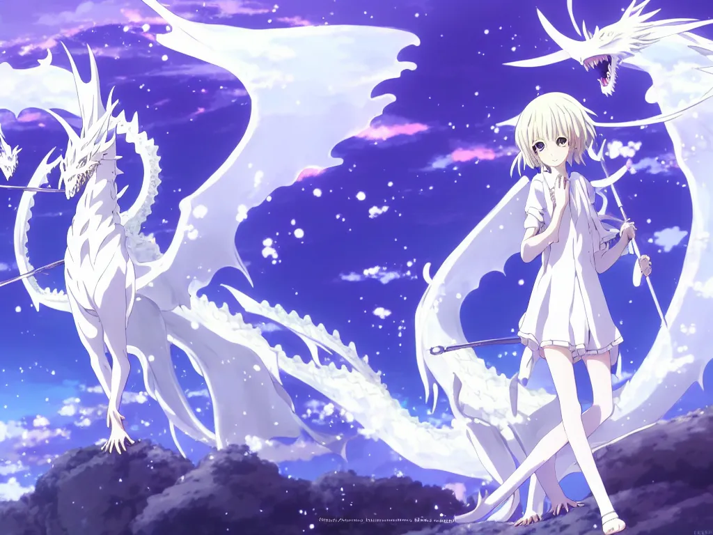 Image similar to anime art full body portrait character concept art, be surrounded by a huge silver white dragon center, in white clouds fairyland, anime key visual of violet evergarden, finely detailed perfect face delicate, raphael lacoste, trending on pixiv fanbox, james jean, violet evergarden, studio ghibli, xision, extremely high quality artwork