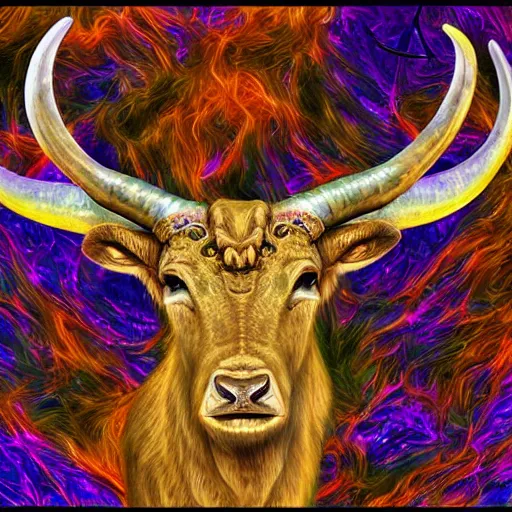 Prompt: Photorealistic physical manifestation of the zodiac taurus. Hyperdetailed photorealism, 108 megapixels, amazing depth, sharp focus, psychedelic overtones, 10k resolution