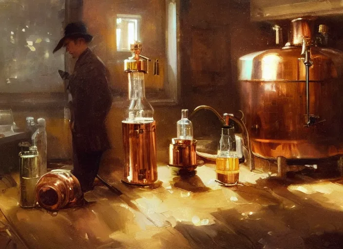 Image similar to oil painting of beautiful copper still, distillation, barley grains, plants and whiskey bottle, art by anders zorn, wonderful masterpiece by greg rutkowski, beautiful cinematic light, american romanticism by greg manchess, creation by tyler edlin