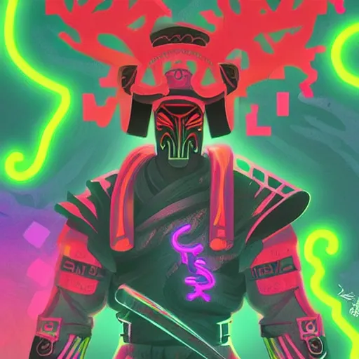 Prompt: neon samurai, dark forest in style of Hicham Habchi, trending on ArtStationH