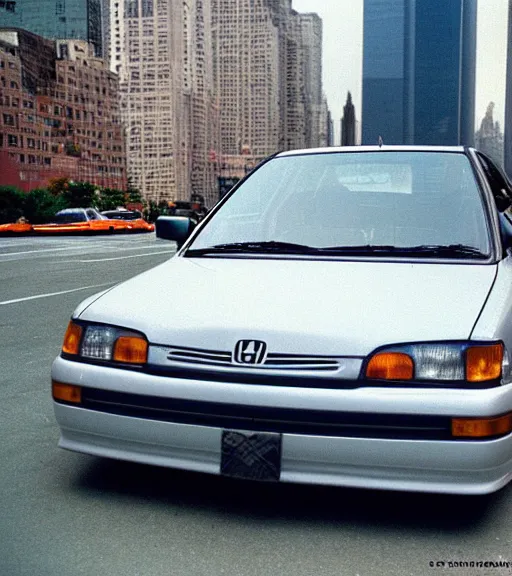 Prompt: 1994 Eg6 Honda civic, NYC skyline in backround, aesthetic, twin towers, circa 1996,