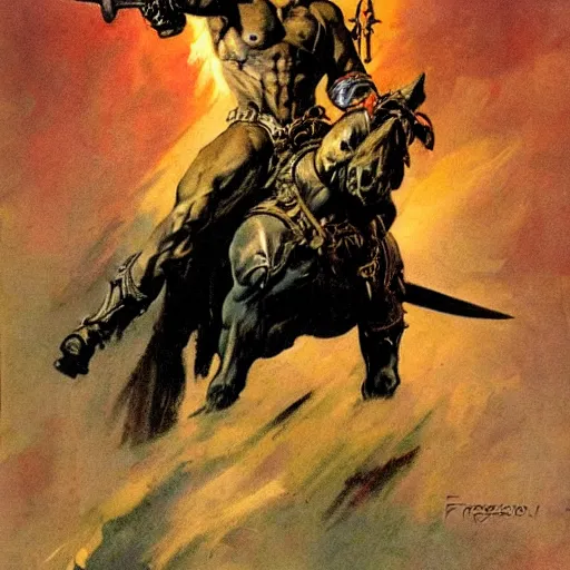 Image similar to into glory ride, artwork by Frank Frazetta, motorcycle, muscular man riding into battle holding sword