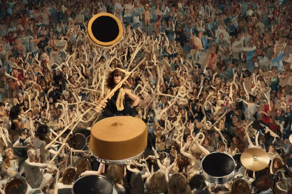 Image similar to a claymation film still of a curly long hair drummer playing the drum set in a big arena stage with a crowd of fans. claymation by bruce bickford