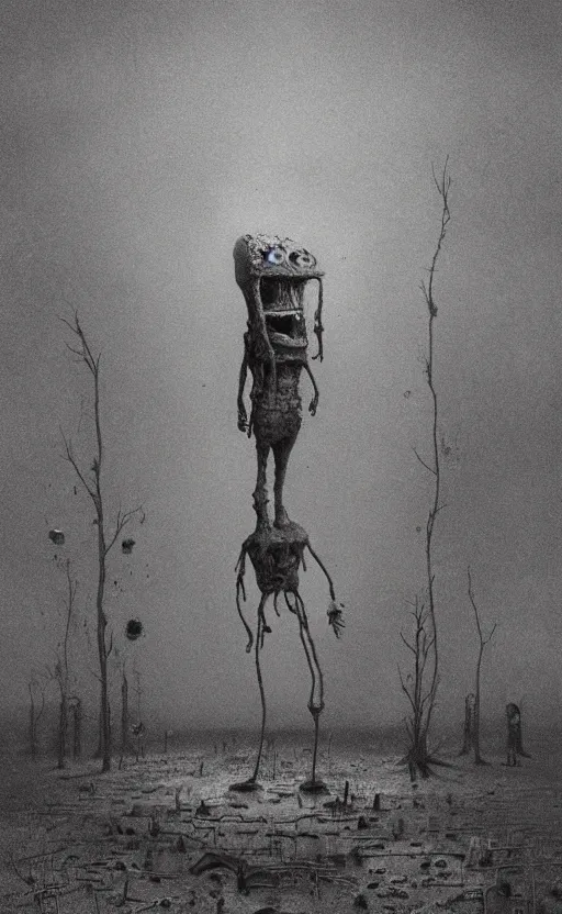 Image similar to spongebob squarepants in style of zdzisław beksinski, standing in wasteland, horror art, creepy, desolate