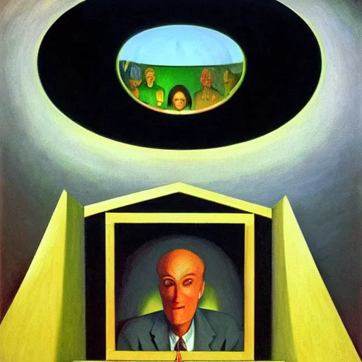 Image similar to portrait of an evil mastermind inside a dome - shaped control center, evil lair,'pj crook '!!,'grant wood '!!, edward hopper, oil on canvas