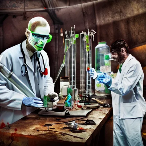 Image similar to Zombie Doctor performing surgery on a cadaver mad scientist laboratory glowing chemistry set viles test tubes potions smoking HDR 8K