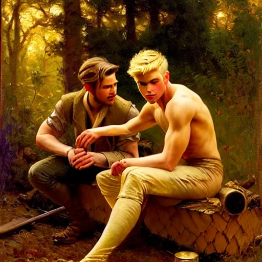 Image similar to attractive blonde male and attractive brunet male, in the woods near the fire. highly detailed painting by gaston bussiere, craig mullins, j. c. leyendecker 8 k