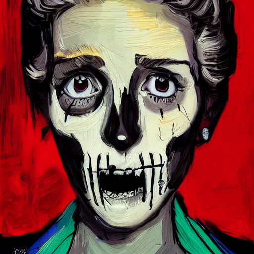 Prompt: a portrait of a girl skull face, princess diana, in the style of banksy, van gogh, atey ghailan and steve mccurry, vibrant colors and hard shadows and strong rim light, lucien freud, comic cover art, trending on artstation