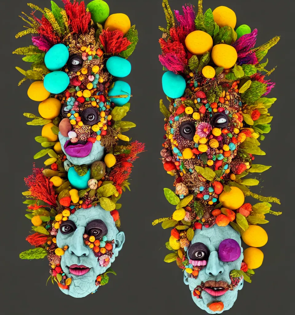 Prompt: headshot of a trickster nature spirit, head made of fruit gems and flowers in the style of arcimboldo, fragonard, photorealistic, dynamic lighting, action figure, clay sculpture, claymation, turquoise and yellow, rainbow stripe background