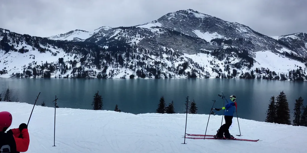 Prompt: a lake, a mountain, a skier skiing on the sea