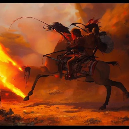 Image similar to the battle of the little bighorn. trending on artstation, 4 k, ( ( cyberpunk ) ), oil on canvas, artstation, dramatic warm color, dramatic lighting, masamune shirow syd mead.