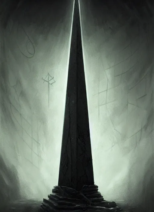 Image similar to portrait of a profane obelisk, evil altar, glowing evil runes, intricate, elegant, deep dark lighting, moody, atmospheric, grim dark, highly detailed, digital painting, artstation, concept art, smooth, sharp focus, illustration, art by wlop, mars ravelo and greg rutkowski