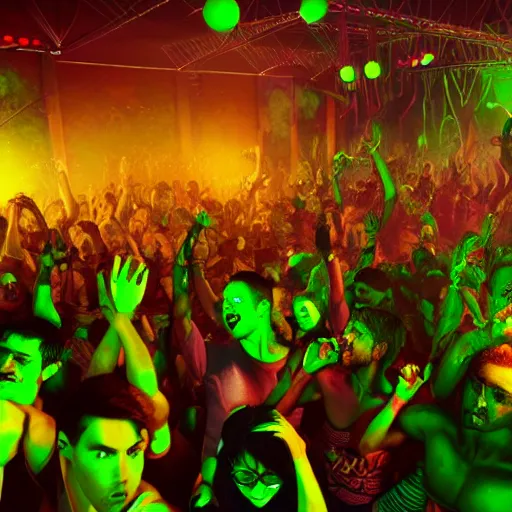 Prompt: goblins partying at a rave, green skin, mosh pit, dance club, octane render, 8 k, fantasy