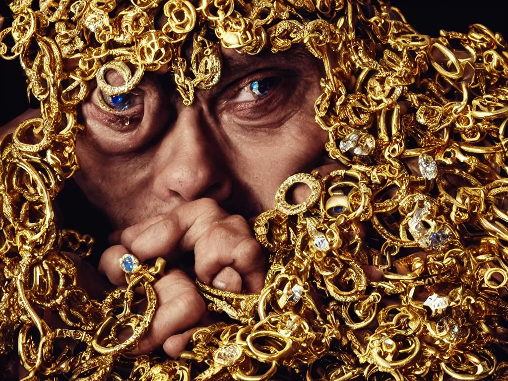 Prompt: gollum wearing lots of gold rings, gold chains, and gold earrings in front of a pile of gold in a dungeon, bling, hip hop style, tattoos, imax, foggy atmosphere, bokeh