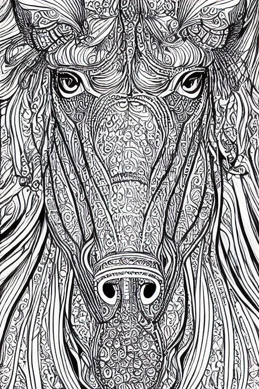 Prompt: beautiful, horse, fractals, ornamental, ink drawing, line art, colouring page