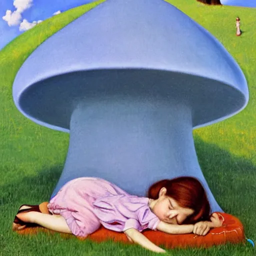 Image similar to A girl sleeping under a giant blue toadstool, artist Normal Rockwell,