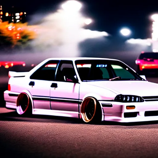 Image similar to a car JZX100 turbo drift at illegal car meet, Gunma prefecture, city midnight mist lights, cinematic color, photorealistic, highly detailed wheels, 200MM