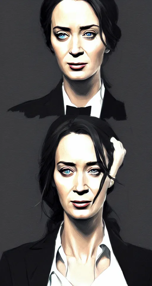 Image similar to portrait of emily blunt as business woman, black suit, white shirt, black tie, intricate, headshot, key visual, conceptart, ambient lighting, highly detailed, digital painting, artstation, concept art, sharp focus, by makoto shinkai and akihiko yoshida and greg manchess