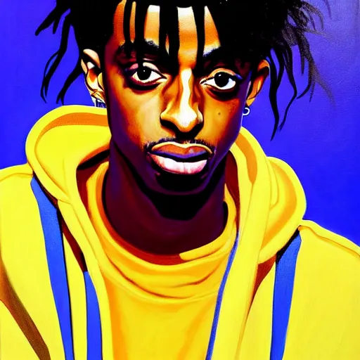 Image similar to a painting of playboi carti by damon albarn, cel shaded, dynamic perspective, detailed facial features, rounded eyes, low light