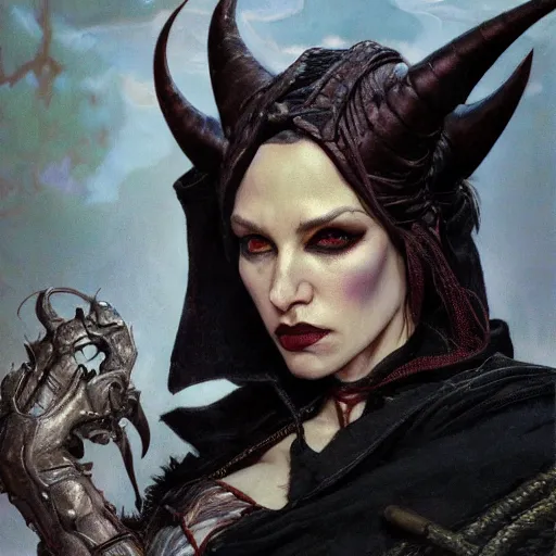 Prompt: closeup portrait of a surly and resentful female tiefling thief with small horns clothed in leather armor and a cloak, angry expression, by Greg Rutkowski and John Collier and Krenz Cushart and Artem Demura and Alphonse Mucha and Albert Aublet, as seen on ArtStation, 4k, dungeons and dragons, very aesthetic, very detailed, intricate, unreal, fantasy, dramatic, painterly, artstation, sharp focus, smooth