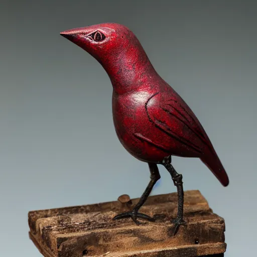 Prompt: a small cast iron bird with weapons and armor, ruby eyes, cast iron, folk art display, museum display, photography, studio lighting, 8k