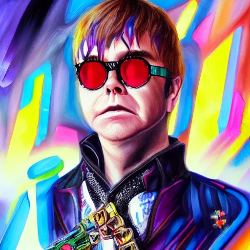 Prompt: cyberpunk x Elton John fashion, gucci catwalk, oil painting, digital art, ultradetailed, artstation