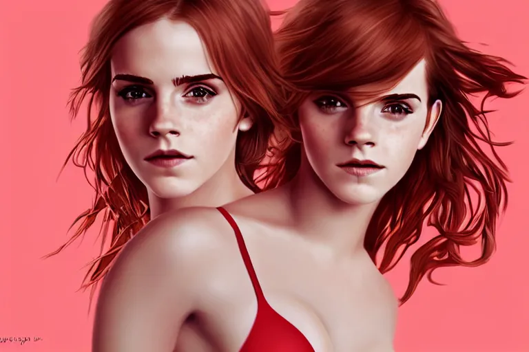 Image similar to Red-haired beauty Emma Watson in a bikini, full body, full height , highly detailed, mid-shot ,pixiv , digital painting , concept art