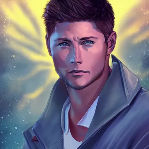 Image similar to Stunning portrait of handsome Jensen Ackles as an angel, studio ghibli style, artstation