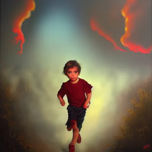 Image similar to a running child disappearing into vapor, mist, smoke, blood, scissors in hand, a detailed matte painting by Jason Edmiston