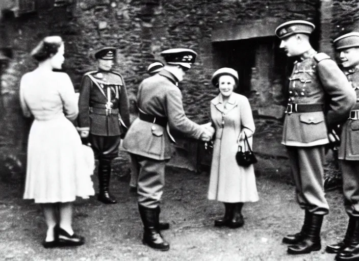 Image similar to ultra wide 1 9 4 6 blurry historical far away photo a german general surrendering to young queen elizabeth in a french village, her corgis are nearby highly detailed, sharp focus