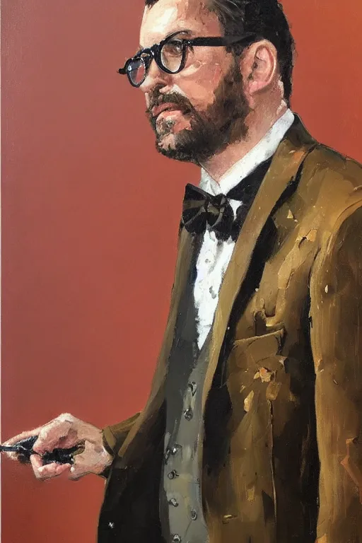 Prompt: palette knife oil painting portrait of graham, a fellow in a three - piece suit and single monocle covering his right eye, peering over from his heavy, lacquered oak reception desk, extreme detail, artstation trending, artgerm, any racial background, deviant art, octane, substance, art history 8 k