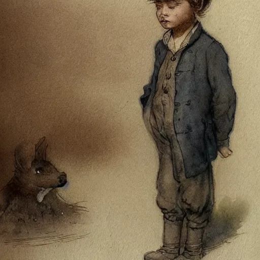 Image similar to portrait of a child standing and facing front looking strait ahead a muted color watercolor sketch of story book character ifrom the book Baltimore & Redingote by Jean-Baptiste Monge of an old man in the style of by Jean-Baptiste Monge that looks like its by Jean-Baptiste Monge and refencing Jean-Baptiste Monge