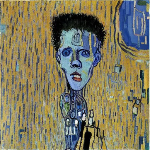 Prompt: artificial intelligence in love painting by van Gogh klimt Jean-Michel Basquiat