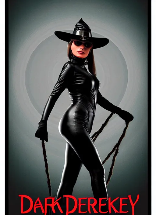 Prompt: perfectly centred realistic picture of a character dressed in leather tight suit and witch hat, dark,!! poster by waldemar swierzy, wiktor gorka, leszek zebrowski