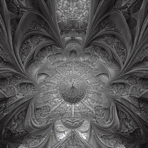 Image similar to a hyperrealistic 3 d render of a huge sprawling fractal cathedral interior populated by mandelbrot fractals by android jones, unreal engine, carved stone, carved soap, white color scheme, volumetric lighting, octane render, dramatic lighting, glowing, carved marble, opalescent, sacred geometry, religious, angelic, catholicpunk, stark, 8 k, ultra detailed