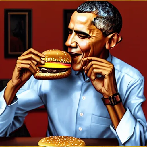 Image similar to Barack Obama eating a cheeseburger, photo realistic, award-winning, highly-detailed, epic, cinematic, dramatic