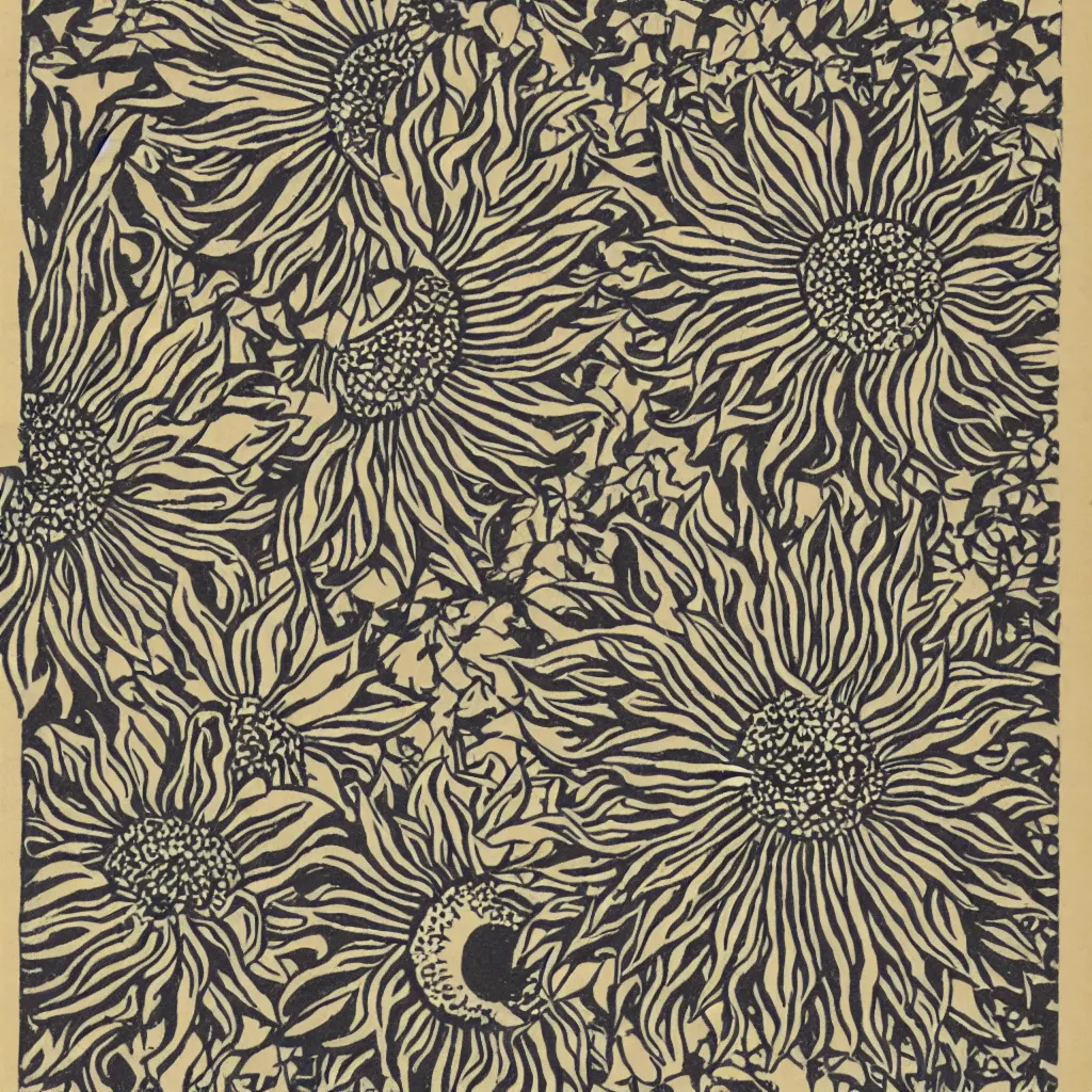 Prompt: optical illusion woodblock print, large sunflower stamp pattern