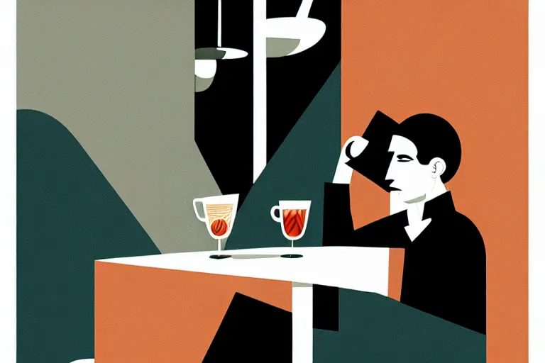 Image similar to editorial illustration by Karolis Strautniekas and Mads Berg and Tsuruta Kenj, drinking coffee, colorful, fine texture,detailed, muted colors,film noir, dramatic lighting, dynamic composition,moody, vivid, matte print