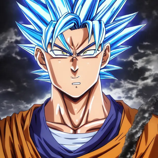 Image similar to handsome anime man goes super saiyan in the style of jojo's bizarre adventure, ultrafine hyperrealistic detailed face illustration by kim jung gi, irakli nadar, intricate linework, sharp focus, bright colors, matte, octopath traveler, final fantasy, unreal engine highly rendered, global illumination, radiant light, intricate rainbow environment