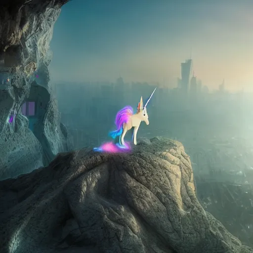 Prompt: a iridescent unicorn on a cliff overlooking a dystopian city covered in toxic smog, ultra realistic, concept art, intricate details, highly detailed, photorealistic, octane render, 8 k, fantasy art