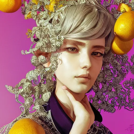 Image similar to the portrait of an absurdly beautiful, graceful, elegant, sophisticated, young girl made up of lemons, an ultrafine hyperdetailed illustration by kim jung gi, irakli nadar, intricate linework, bright colors, octopath traveler, final fantasy, unreal engine 5 highly rendered, global illumination, radiant light, detailed and intricate environment