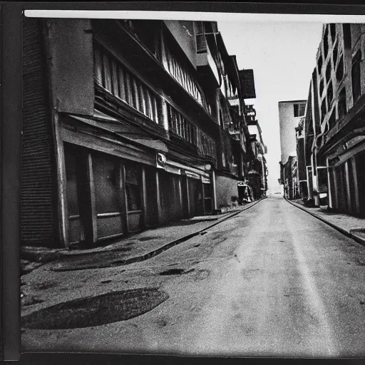 Image similar to A polaroid of aa street with no one on it but a horrifying creature. Black and white, grainy, dark colors, cinematic lighting, hyper detailed.