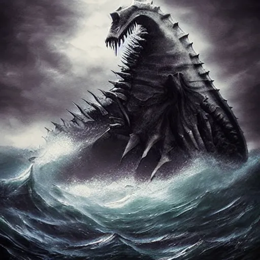 Image similar to Giant Sea Monster, gothic art, color, eerie, horror, scary, ominous, 8k, highly detailed