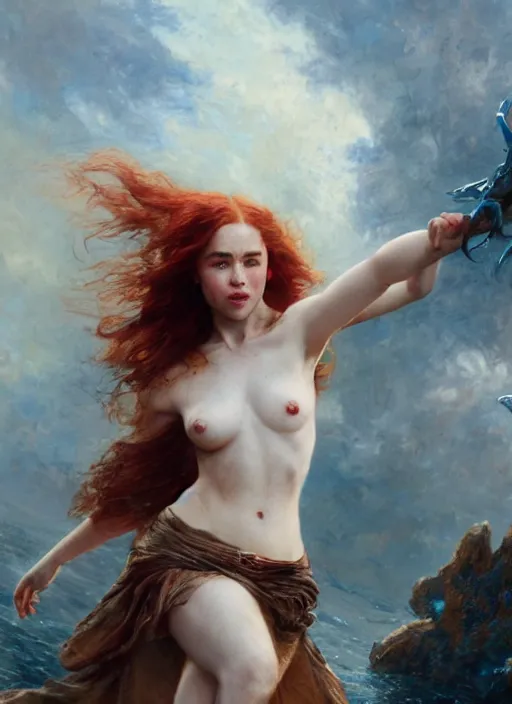 Image similar to mischievous redhead emilia clarke, staring happy and seductivelly, fully clothed, detailed, by gaston bussiere, bayard wu, greg rutkowski, giger, maxim verehin, greg rutkowski, masterpiece, sharp focus, cinematic lightning